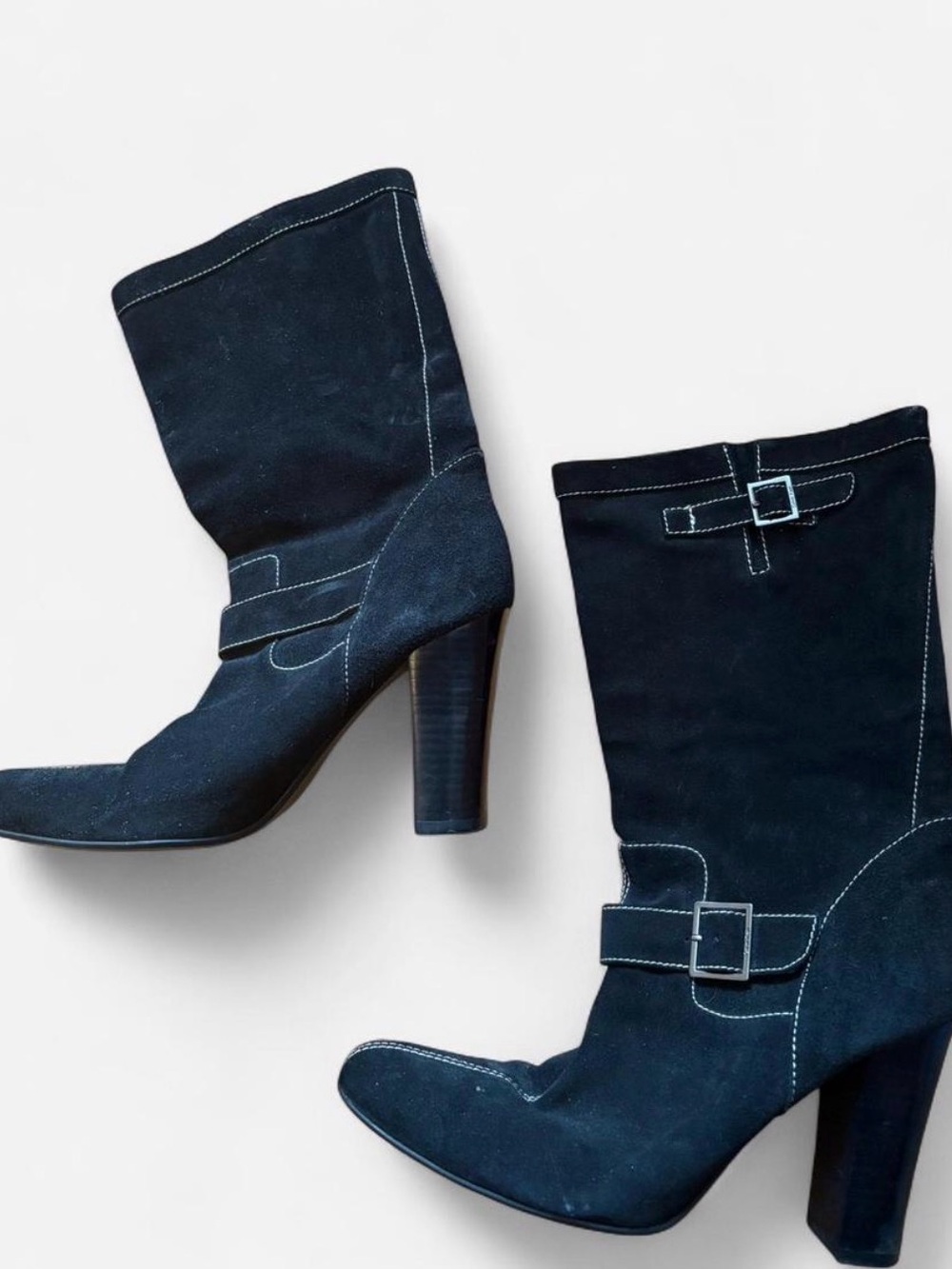 Calvin Klein Navy Suede Mid-Calf Heeled Boots